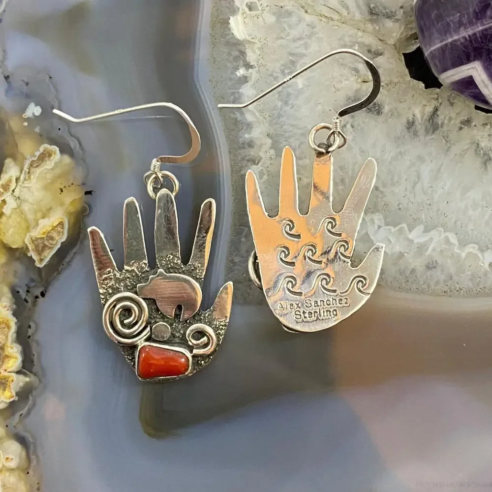 Alex Sanchez Sterling Silver Ancestors Hand Petroglyph W/Coral Dangle Earrings 2 - Picture 7 of 10